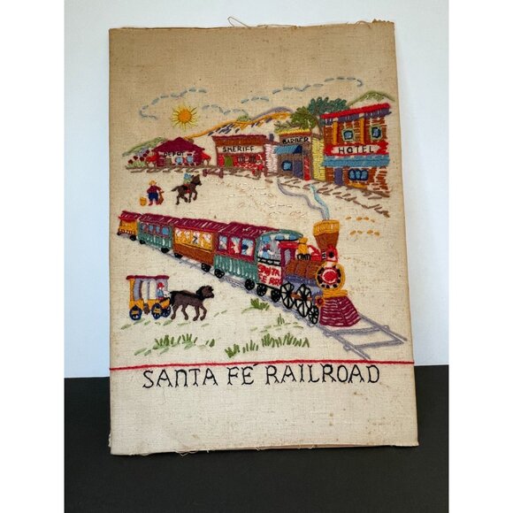 Hand-Stitched Embroidered Santa Fe Railroad Needlepoint Sampler On Canvas Board - Picture 1 of 7